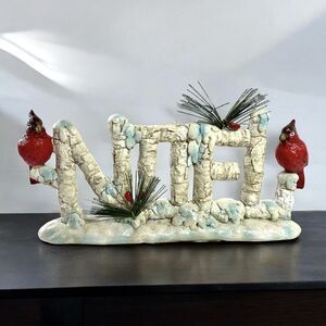 Christmas Cardinals On Snow Topped Rustic NOEL Statue Mantle Centerpiece
